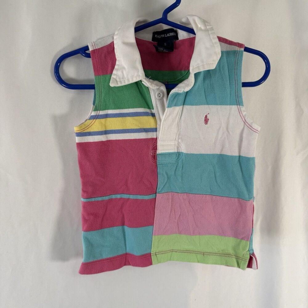 Ralph Lauren Shirt Baby Girl 5 Colorblock Pink Blue Sleeveless Collared Tank Top